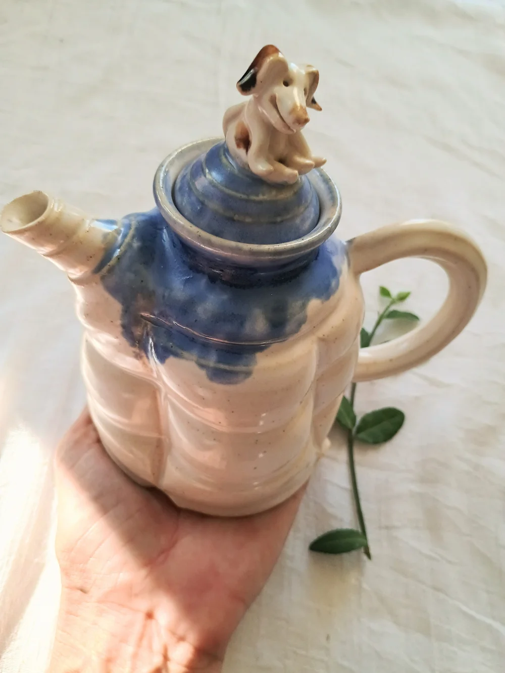 💙 STUDIO POTTERY 💙 Artisan, Hand-Thrown Pottery Teapot w Dog Accent, Quiet Lux